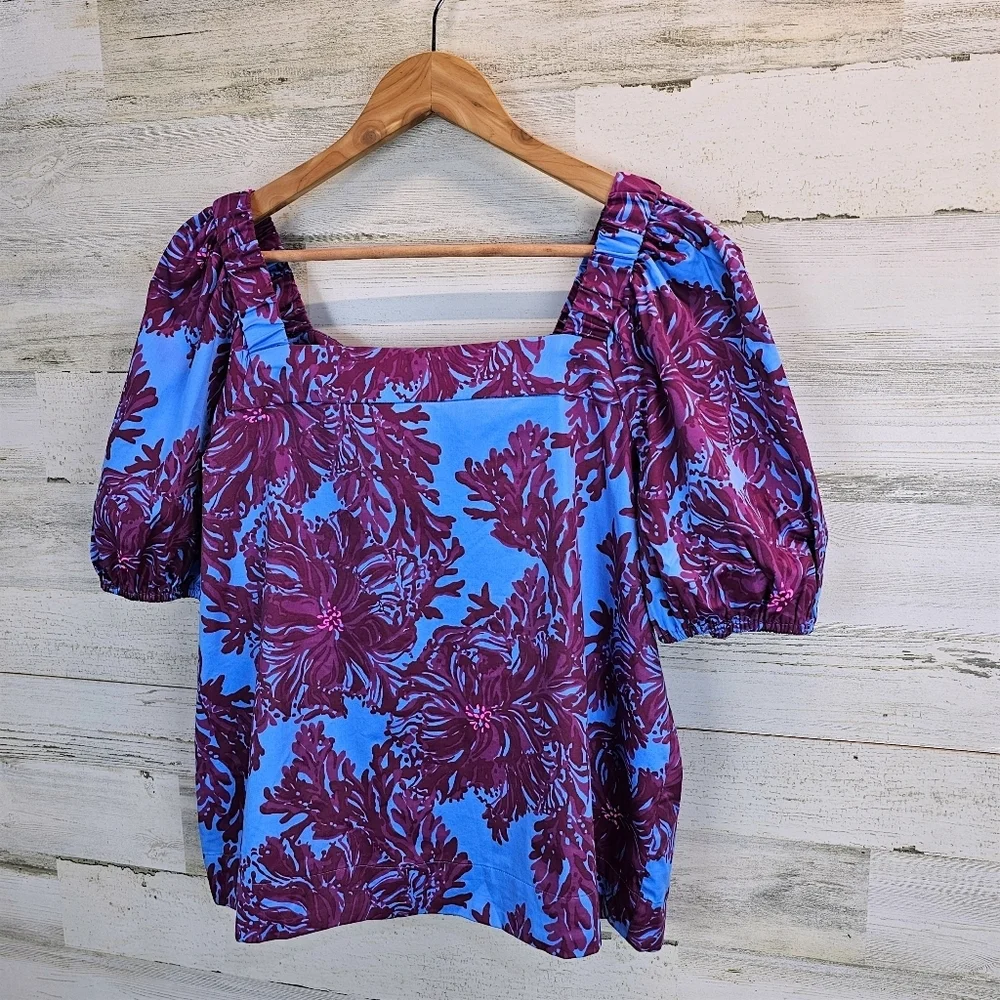 Lilly Pulitzer Torrey Floral Tie Back Top 10 Stretch Poplin Puff Sleeves Preppy
